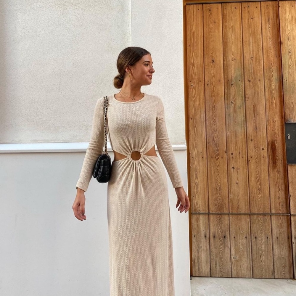 Zara Beige Knit Cut Out Midi Dress